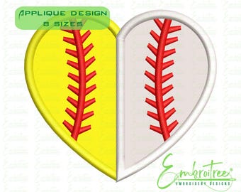Baseball Softball Heart Applique Design, Machine Embroidery File, Sports Mom, Dad, Love, Valentine