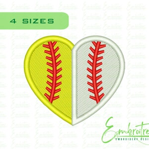 May include: A heart-shaped design featuring a softball with red stitching, half yellow and half white.