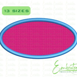 May include: Oval embroidery design featuring a vibrant pink centre and a blue border. The text "13 SIZES" is in a green rectangle. The design is from Embroitree Embroidery Designs.
