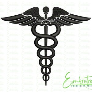 May include: Black embroidered Caduceus symbol with wings and a staff entwined by two snakes. The design includes a small ball at the top of the staff. The image is on a white background.