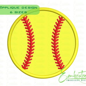 Peut inclure: Une balle de softball jaune avec des coutures rouges. Design d'applique, 6 tailles.