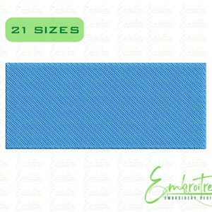 Puede incluir: Una tela rectangular azul con un patrón diagonal. El texto "21 SIZES" está en un rectángulo verde en la parte superior. El logotipo "Embroitree Embroidery Designs" está en la parte inferior.