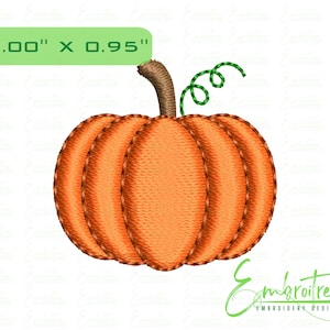May include: Embroidered orange pumpkin with a brown stem and green vine. The pumpkin measures 2.54 cm x 2.41 cm. The design is from EmbroiTree Embroidery Designs. Ideal for autumn-themed crafts and decorations.