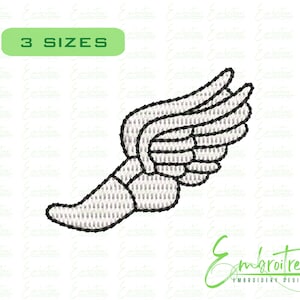 May include: Black and white embroidery design of a running shoe with wings. The design is available in three sizes.