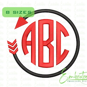 May include: Red monogram letters ABC inside a black circle with a red arrow. The text "8 SIZES" is in a green rectangle. The design is for embroidery.