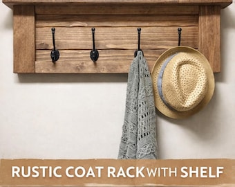 Wooden Coat Rack with Shelf | Entryway Wall Hooks | Farmhouse Coat Hook Rack | Rustic Wall Organizer | Jacket Hat Rack | Mudroom Storage