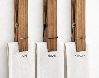 Jumbo Wooden Clothespin Towel Holder | Custom Metal Spring (Gold, Black, Silver) | Rustic Bathroom Wall Hook | Farmhouse Decor