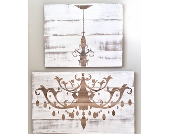 Distressed White Wood Chandelier Wall Art, Rustic Farmhouse Decor