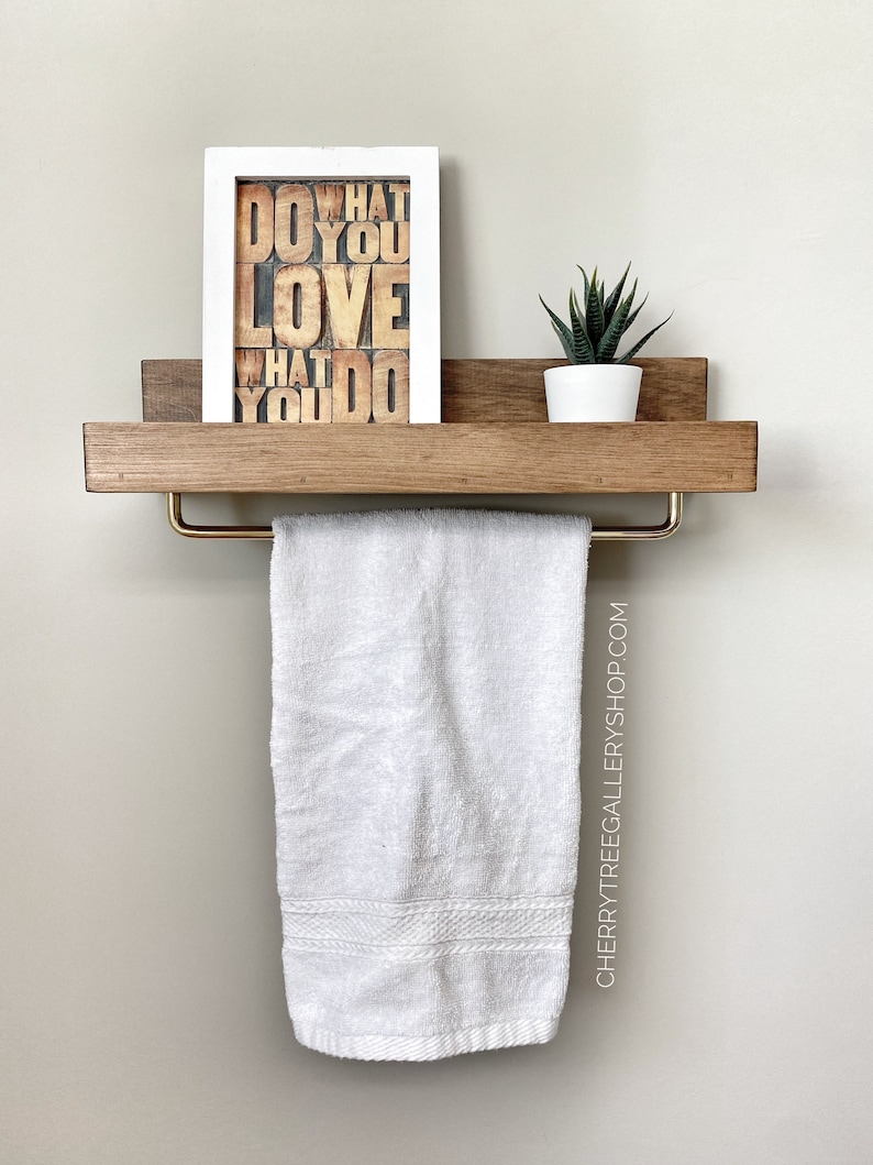 Rustic Floating Shelf with Towel Bar | Bathroom Towel Rack Shelf | Wooden Picture Ledge Shelf | Small Space Storage | Bathroom Organizer 画像 2