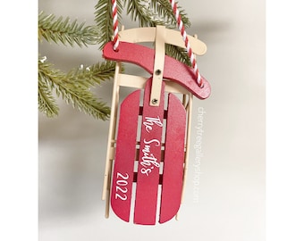 Wooden Christmas Tree Ornament, Red Sleigh Ornament, Family Name Ornament, Cabin Tree Decoration, Stocking Decoration, Cabin Sled Ornament