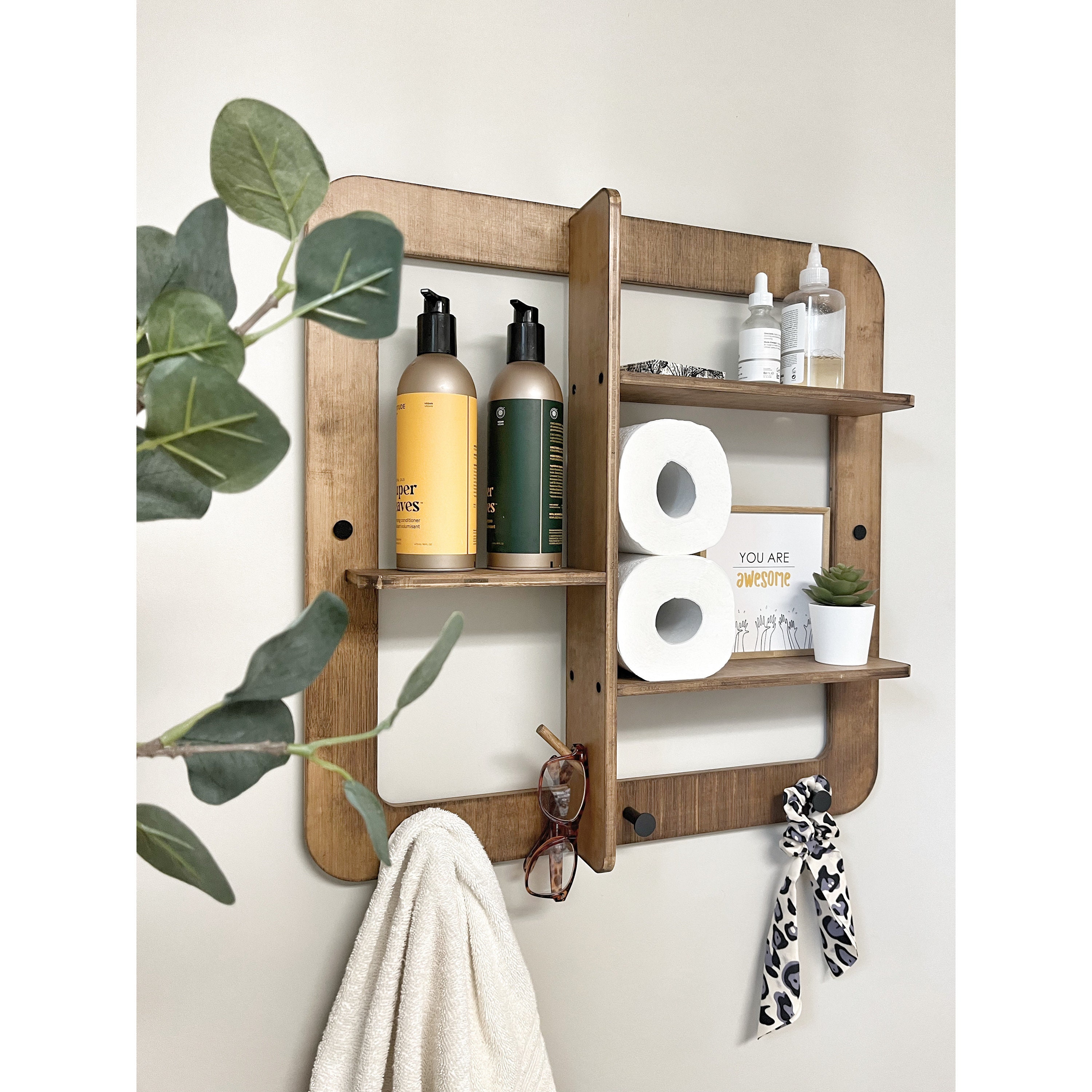 Rustic 3-Tier Wall Mounted Brown Wood Bathroom Shelves w/Hanging Hand Towel  Bar