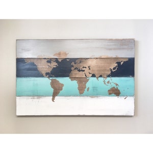 Carte du monde en bois rustique, carte du monde bleu blanc gris, décoration d'intérieur de ferme, décoration murale de chambre d'enfant, carte de voyage de bureau, cadeau pour chambre d'enfant