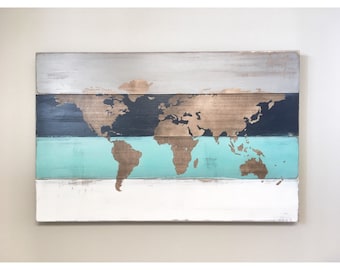 Rustic Wood World Map, Blue White Grey World Map, Farmhouse Home Decor, Nursery Wall Decor, Office Travel Map, Gift for Nursery