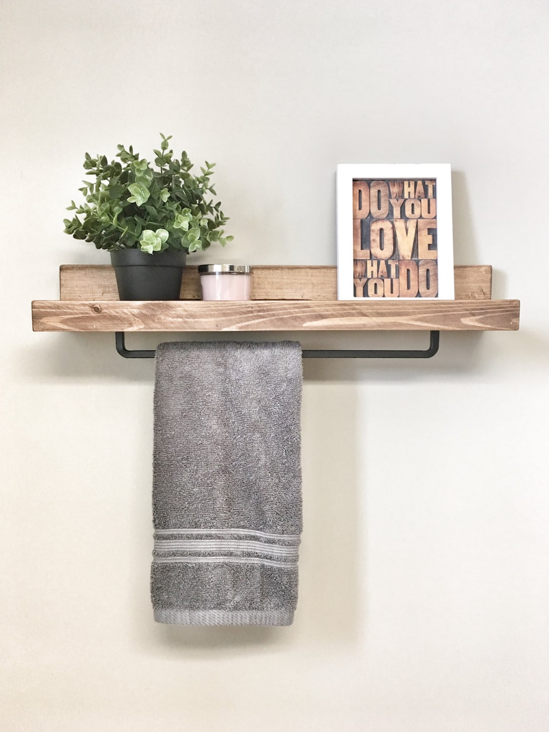 5 Hook Wood Wall Mounted Floating Bathroom Shelf and Towel Rack