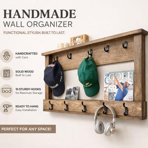 Wooden Wall Organizer with Hooks | Hat Rack Wall Mount | Entryway Storage Shelf | Rustic Coat Rack | Cap Organizer | Wall Shelf with Hooks