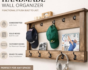 Wooden Wall Organizer with Hooks | Hat Rack Wall Mount | Entryway Storage Shelf | Rustic Coat Rack | Cap Organizer | Wall Shelf with Hooks