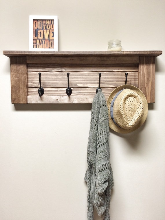 Rustic Wood Shelf With Hooks, Wood Shelf With Hooks, Entryway