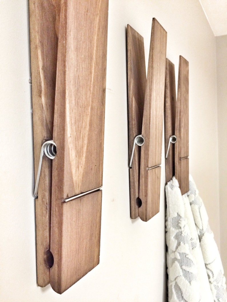 Set of 3 SUPER HUGE Jumbo Rustic 12 Decorative Clothespin, Home Bathroom Nursery Laundry Wall Decor, Towel Hook, Towel Rack, Towel Hanger image 2