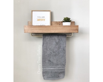 FREE SHIPPING | 15" Floating Shelf for Bathroom Storage, Towel Rack, Shelf with Towel Bar, Wall Shelf with Towel Bar, Ledge Shelf Gold Hooks