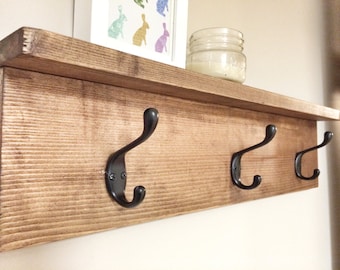 Rustic Wooden Coat Entry Hook Rack with Shelf, Rustic Home Decor, Rustic Furniture, Wall Coat Rack with Hooks, Floating Shelf with Hooks