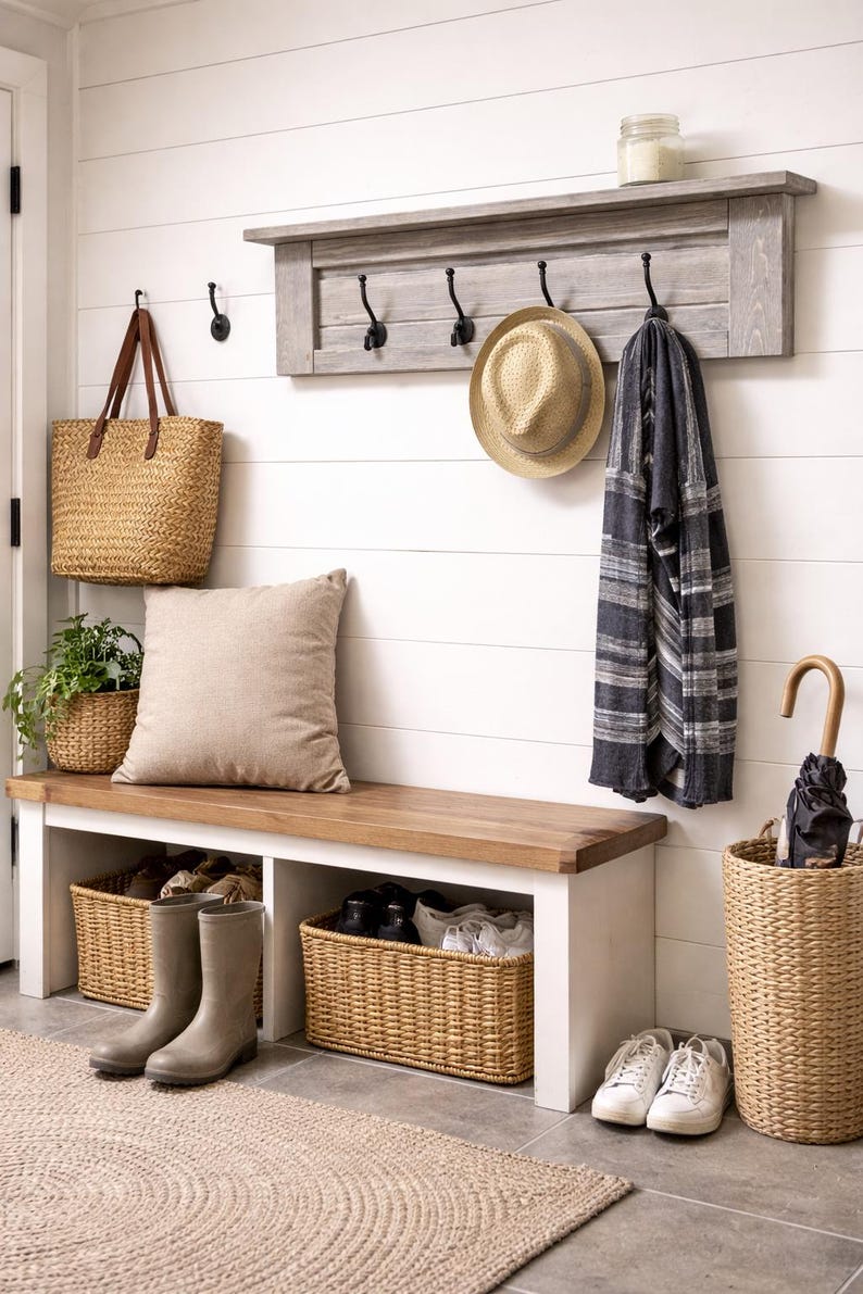 May include: A cozy entryway with a wooden bench, storage baskets, and a wall-mounted coat rack. A woven tote bag, a straw hat, and a striped scarf hang from the hooks. A neutral-toned rug and a potted plant add to the welcoming atmosphere.