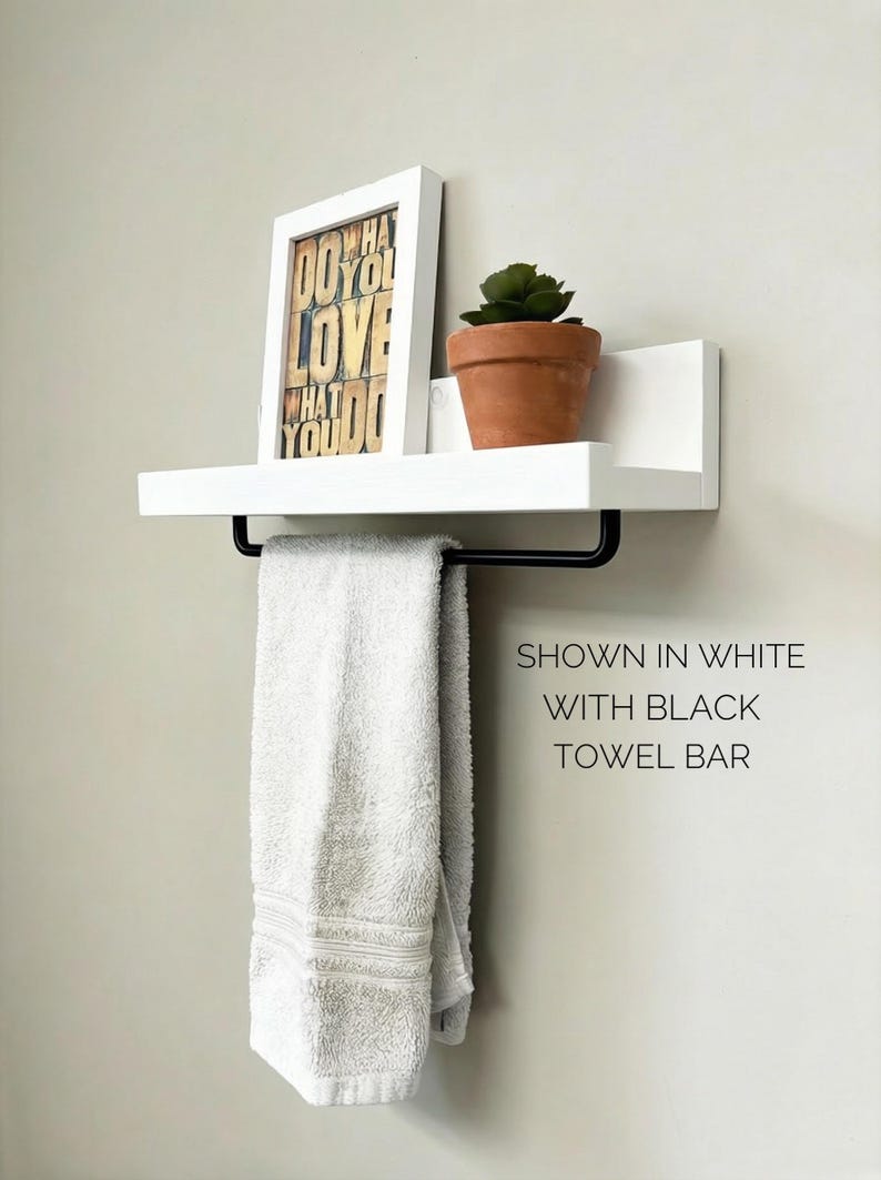 Rustic Floating Shelf with Towel Bar | Bathroom Towel Rack Shelf | Wooden Picture Ledge Shelf | Small Space Storage | Bathroom Organizer 画像 8