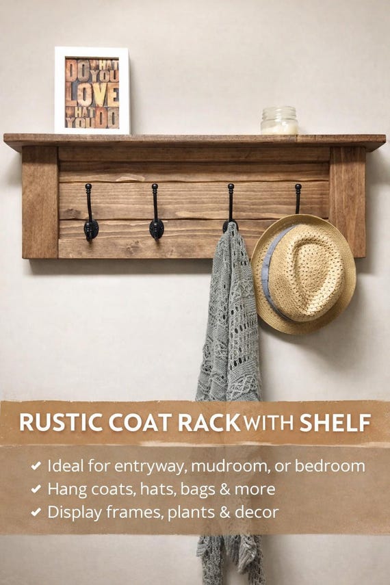 Wooden Coat Rack with Shelf | Entryway Wall Hooks | Farmhouse Coat Hook Rack | Rustic Wall Organizer | Jacket Hat Rack | Mudroom Storage