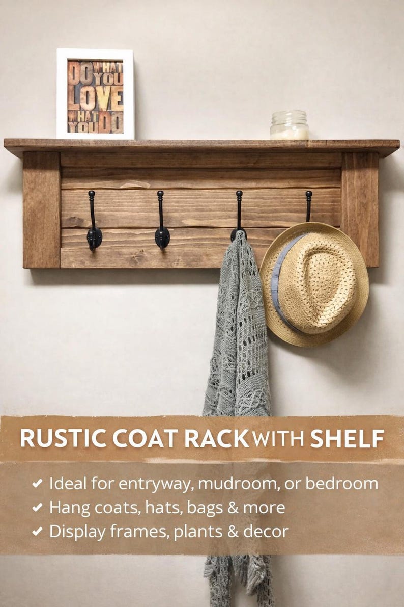 May include: A rustic wooden coat rack with a shelf, featuring four black hooks. A framed print with the text "DO YOU LOVE WHAT YOU DO" sits on the shelf. A gray scarf and a straw hat hang from the hooks. The rack is mounted on a light-colored wall.