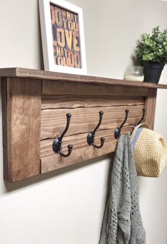 Wooden Entryway Coat Rack With Hooks, Rustic Wooden Shelf