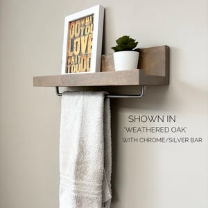 Rustic Floating Shelf with Towel Bar | Bathroom Towel Rack Shelf | Wooden Picture Ledge Shelf | Small Space Storage | Bathroom Organizer 画像 7