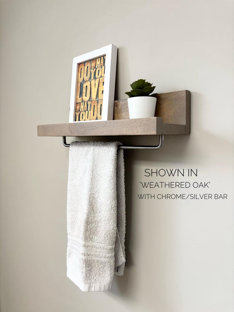 Rustic Floating Shelf with Towel Bar | Bathroom Towel Rack Shelf | Wooden Picture Ledge Shelf | Small Space Storage | Bathroom Organizer 画像 7