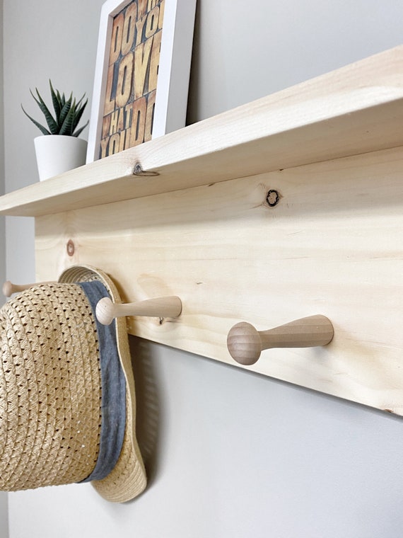 Wooden shelf online with peg hooks