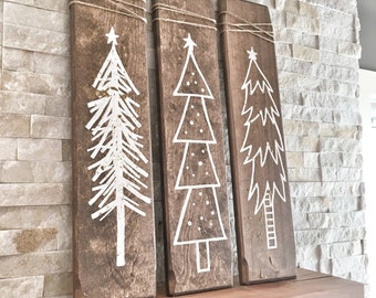 Set of 3 Rustic Wooden Christmas Tree Decorations, Holiday Decor
