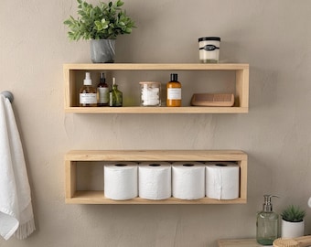 Wood Box Wall Shelves | Floating Wooden Shelf Set | Minimalist Bathroom Storage | Modern Wall Organizer | Handcrafted Wood Shelving | Ledge