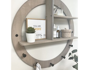 Farmhouse bathroom wall shelf with black Hooks, farmhouse bathroom Wall Decor shelf, Rustic Mudroom or Laundry Shelf, Wall Hanging Shelves