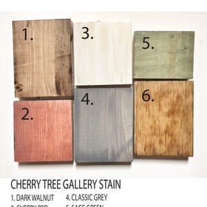 May include: Six wood stain samples labeled with numbers 1 through 6. The stain colors are dark walnut, cherry red, white washed, classic grey, sage green, and rustic warm brown.