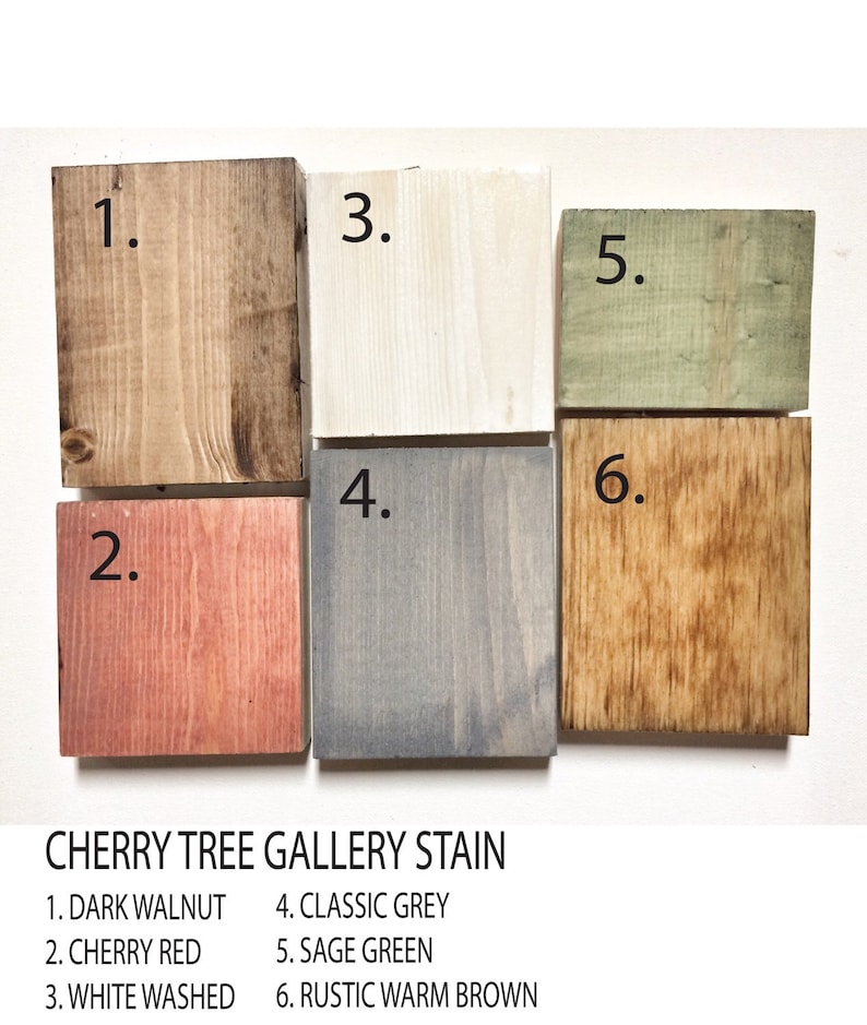 May include: Six wood stain samples labeled with numbers 1 through 6. The stain colors are dark walnut, cherry red, white washed, classic grey, sage green, and rustic warm brown.