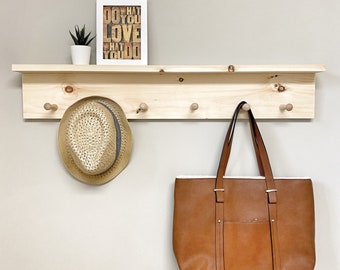 Shelf with hooks, Towel rack, Wooden peg rail, Wooden Peg Rack, Coat rack, Entryway decor, Minimalist, Shaker Peg, Peg Shelf, Kitchen Rack