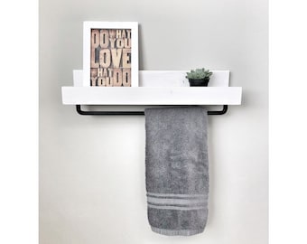 18" Floating Shelf for Bathroom Storage and to Hang Towels, Shelf with Towel Bar, Rustic Farmhouse Shelf, Washroom Shelves, Floating Shelf