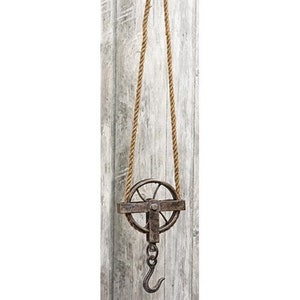 Metal Pulley with Hook and Jute Rope (New Item Made to Look Old)