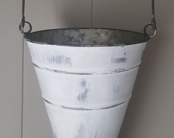 White Distressed Galvanized Metal Cone Hanging Planter Vase Indoor/Outdoor Use