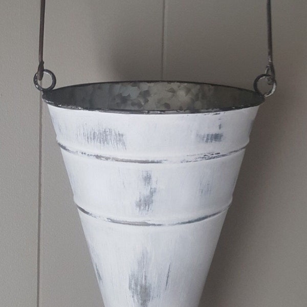 White Distressed Galvanized Metal Cone Hanging Planter Vase Indoor/Outdoor Use