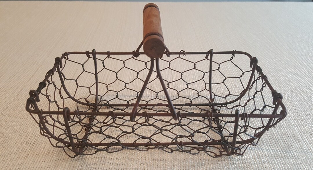 Rectangular Chicken Wire Basket Wooden Handle Etsy