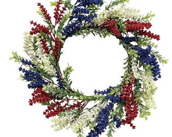 18" Americana Wreath Red White Blue Heather Boxwood