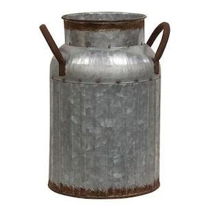 May include: A rustic galvanized metal milk can with brown handles. The can has a distressed finish and is perfect for farmhouse decor.