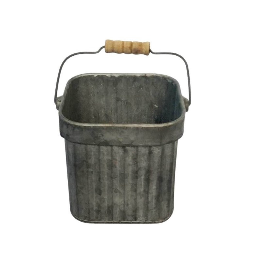Galvanized Square Bucket Decorative Vase With Corrugated Sides Wooden