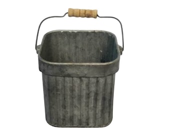 Galvanized Square Bucket Decorative Vase with Corrugated Sides Wooden Handle
