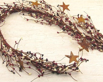 Burgundy Ivory Navy  40 inch Pip Berry Garland with Rusty Stars