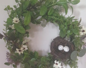 6.5" Candle Ring/Mini Wreath with Bird's Nest and Speckled Eggs 12" outside dimension