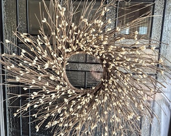 16" Ivory Pip Berry and Twig Wreath/Candle Ring